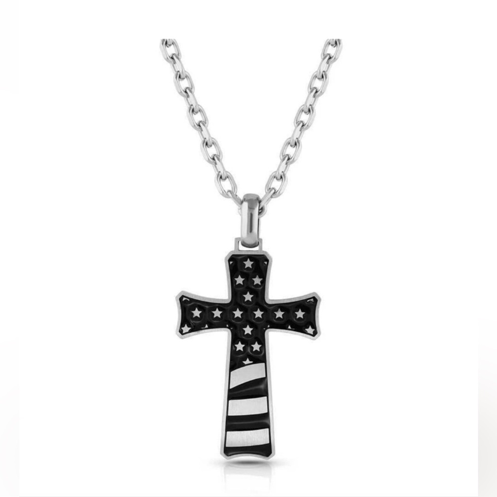 NEW Montana Silversmith Men’s Patriotic Faith Cross Necklace 24” Stainless Steel